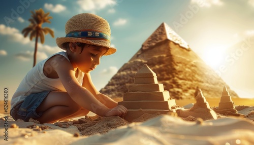 A travel to Egypt concept image with a kid creatively making a sandcastle resembling the Egyptian pyramids, evoking themes of adventure and exploration