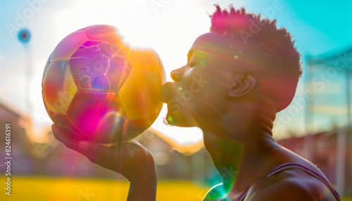 A black African young man expressing his love for football by kissing a soccer ball, showcasing his passion and dedication to the sport