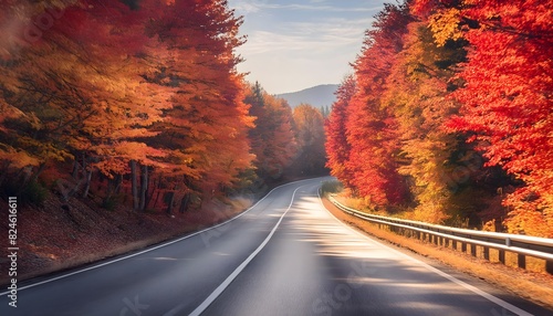 Autumn scenic asphalt road, with maple trees beside