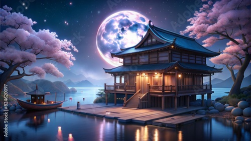 a wooden japes house. beautiful light. a boat are here. moon is beautiful. a chareblasom tree are pink color