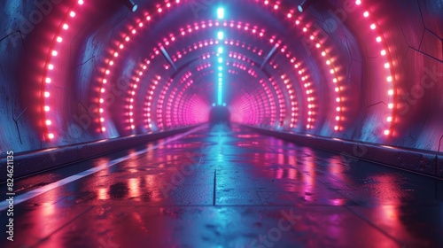 A digital illustration of a circular tunnel illuminated by red neon lights and symmetry