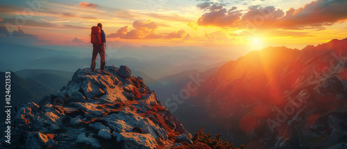 lone silouette of a hiker on top of cliffside in foreground, sunset backgroud with a triumphant feel 