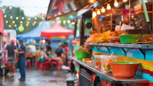 A food truck serving customers at a lively street festival