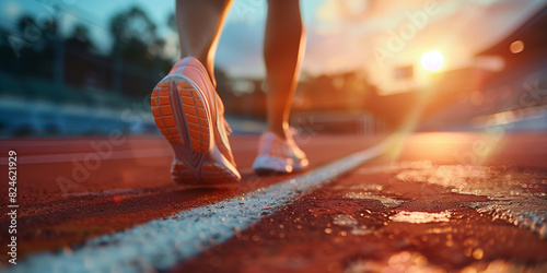 Close-up of runner's shoes on track at sunset, with stadium lights in the background. Captured from behind, focusing on the feet and athletic gear of a sprinter racing towards victory. The vibrant col