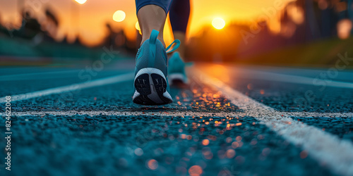 Close-up of runner's shoes on track at sunset, with stadium lights in the background. Captured from behind, focusing on the feet and athletic gear of a sprinter racing towards victory. The vibrant col