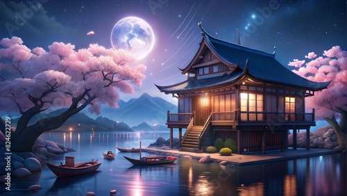 a wooden japes house. beautiful light. a boat are here. moon is beautiful. a chareblasom tree are pink color