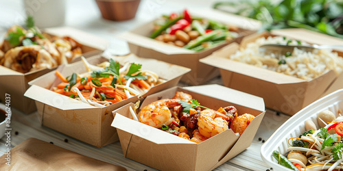 Enjoy organic takeout food served in convenient paper containers at home. Eco-friendly packaging concept