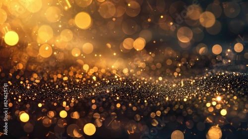 Golden glitter bokeh shiny dust particles lights abstract dark background, Golden lights bokeh defocus abstract background, Fancy gold black glitter sparkle background, glam happy birthday party 