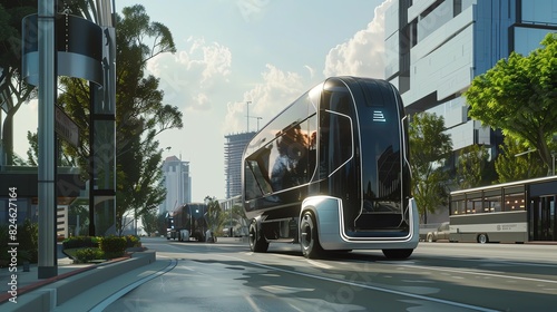 A futuristic truck with advanced safety features driving through a modern city