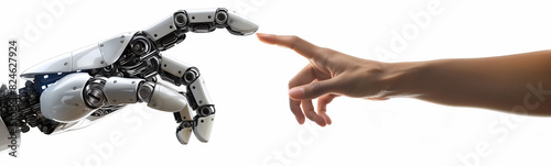 Panoramic view of a robot hand reaching out to touch the fingertip of an African American human arm against a white background. Isolated hands highlight the connection between technology and humanity.