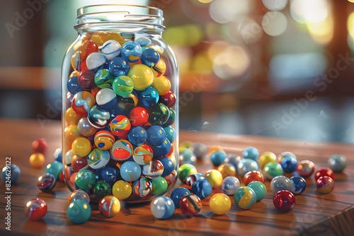 Accumulation in Focus: Colorful Marbles Filling a Glass Jar Suggest the Beauty of Consistent Efforts