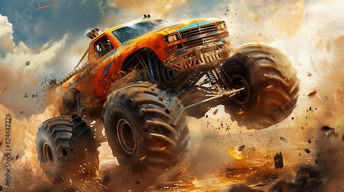 A monster truck crushing cars in a dirt arena with an excited crowd