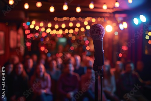 A microphone stands in front of a lively crowd at a comedy club event, with people attentively listening to the speaker on stage