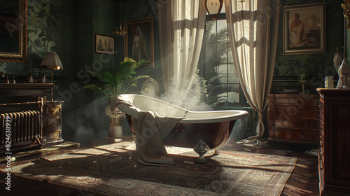 A haven for relaxation: a bedroom with a clawfoot bathtub positioned in the center of the room, steam rising from the water