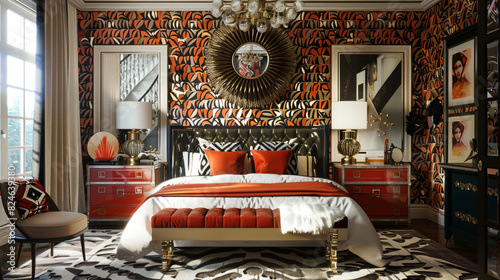 A Hollywood Regency bedroom with bold patterns, tufted furniture, and a sunburst mirror. 