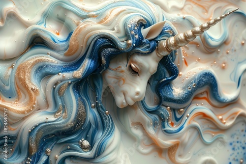 Close-up of a sculpted unicorn with blue and white flowing mane.