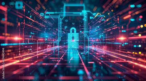 A futuristic digital security background with a glowing padlock in the center, representing cybersecurity and data protection.