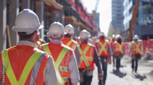 Capture the back view of a group of construction workers wearing hard hats and reflective vests as they walk towards a construction site, symbolizing teamwork and readiness for work. 