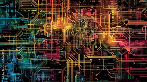 Abstract futuristic circuit board with vibrant colors and glowing lines, representing technology and digital innovation.