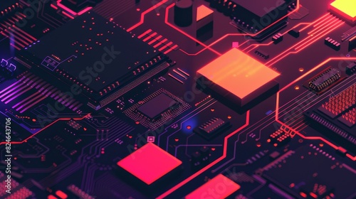 Close-up of a vibrant, illuminated circuit board showcasing microchips and electronic components in a futuristic tech environment.