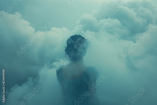 a woman lost in clouds, looking for some answers