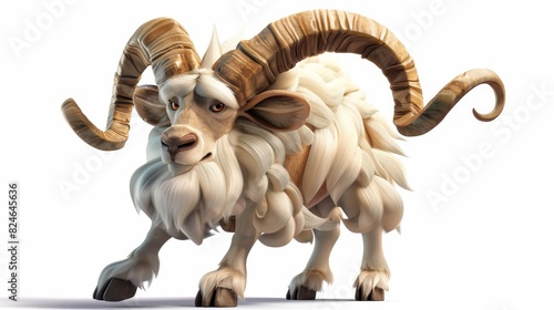 Cartoon illustration of a mountain goat with a big horn isolated on white