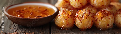 Close-up image of delicious fried dough balls with a dipping sauce, sprinkled with chili flakes, served on a wooden table.