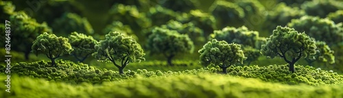 A beautiful miniature model of a lush green forest landscape with detailed trees and foliage casting shadows, depicting a serene nature scene.