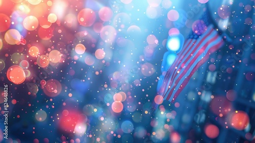 illustration of The American flag is waving in the wind with bokeh lights on a blue background