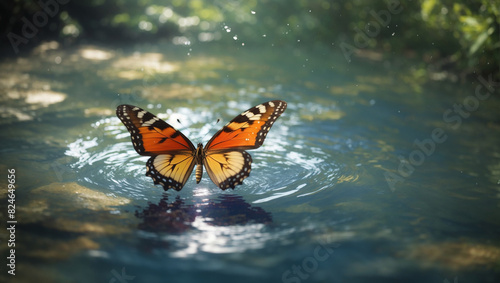 A monarch butterfly with bright orange wings and black spots is perched on a stone in a shallow body of water.