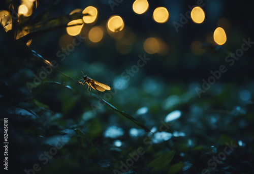 A firefly lighting up the dark underbrush of an enchanted forest at night 