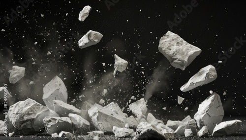 A dynamic scene of white rocks and stones falling against a black background, creating an isolated splash of dust and broken fragments, suitable for themes of nature and fantasy