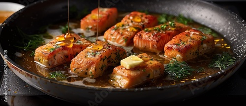 Delicious cooked salmon fillets in a frying pan with herbs and butter. Mouthwatering seafood dish perfect for a gourmet meal.