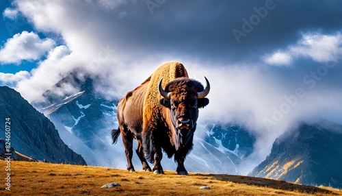 Bison on a mountain pasture. Bison thick fur covered with frost and snow, Bison walks in extreme winter weather, standing above snow with a view of the frost mountains.