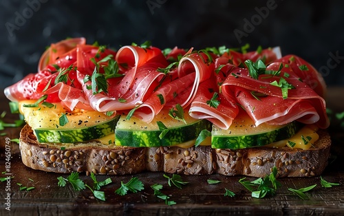 Delicious open-faced sandwich with fresh cucumber slices, prosciutto, and parsley on multi-grain bread, perfect for a gourmet snack.