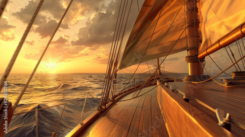 A sailboat is sailing on the ocean with the sun setting in the background