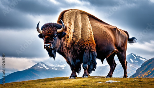 Bison on a mountain pasture. Bison thick fur covered with frost and snow, Bison walks in extreme winter weather, standing above snow with a view of the frost mountains.