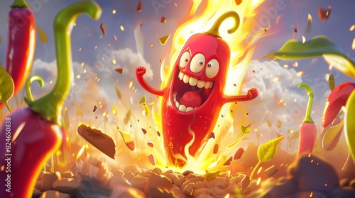 Cartoon character on fire as he deceives red devious chili peppers