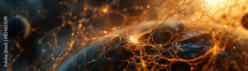 Cosmic Web, Threads of Light, Intricate network of luminescent pathways connecting planets and moons across the galaxy, stretching beyond star systems, Realistic, Golden hour, Vignette