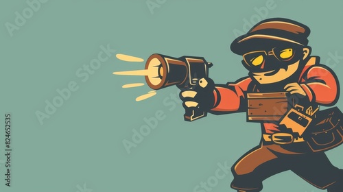 This vintage retro cartoon shows a robber with a flashlight and a toolbox wearing a mask.