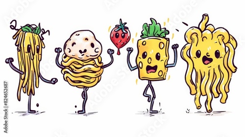 Decorative elements for menus. Modern set of doodle pasta characters. Cartoon macaroni mascots with hands, legs, and cute faces. Traditional fusilli or spaghetti.