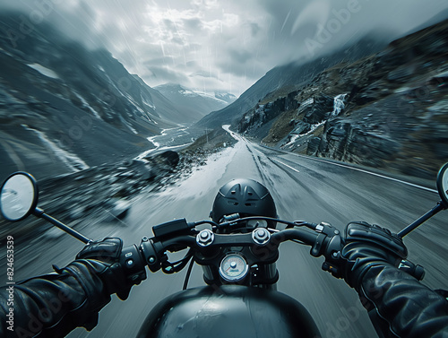 Motorcycle rider, leather jacket, navigating mountain roads, realistic image, overcast weather, dramatic silhouette lighting