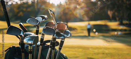 various golf clubs neatly arranged in a golf bag, which is placed on a golf cart. The setting is a serene golf course, embodying the tranquility and elegance of the sport. The golf