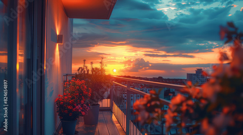Rooftop sunset soft tones balcony warm blue soft light life vibes. Generative AI.