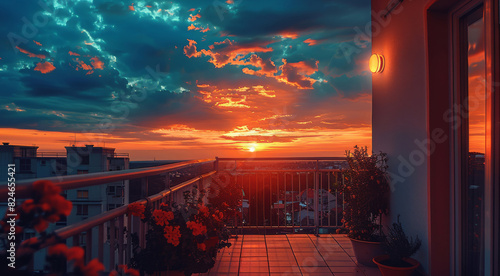 Rooftop sunset soft tones balcony warm blue soft light life vibes. Generative AI.
