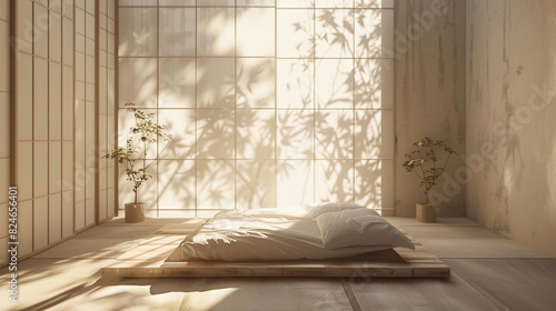A minimalist haven of tranquility: a Japanese-inspired bedroom with tatami mats, a low futon bed, and a single ikebana arrangement