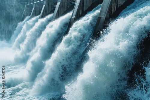 A close-up of the spillway gates of a hydroelectric dam, with water gushing through them