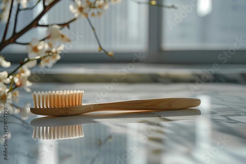A natural wooden toothbrush with soft bristles on a marble surface, sunlight and flowers in the background, promoting eco-friendly oral care.