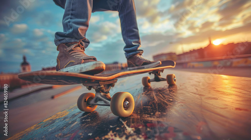 A person skillfully rides a skateboard down a city street, performing tricks and maneuvers