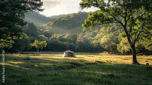 Peaceful campsite in a lush green meadow with a tent, showcasing the natural beauty of the landscape, completely unmanned